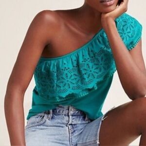 by Anthropologie sz S Teal Green One Shoulder Cotton Eyelet Lace Ruffle Top Boho